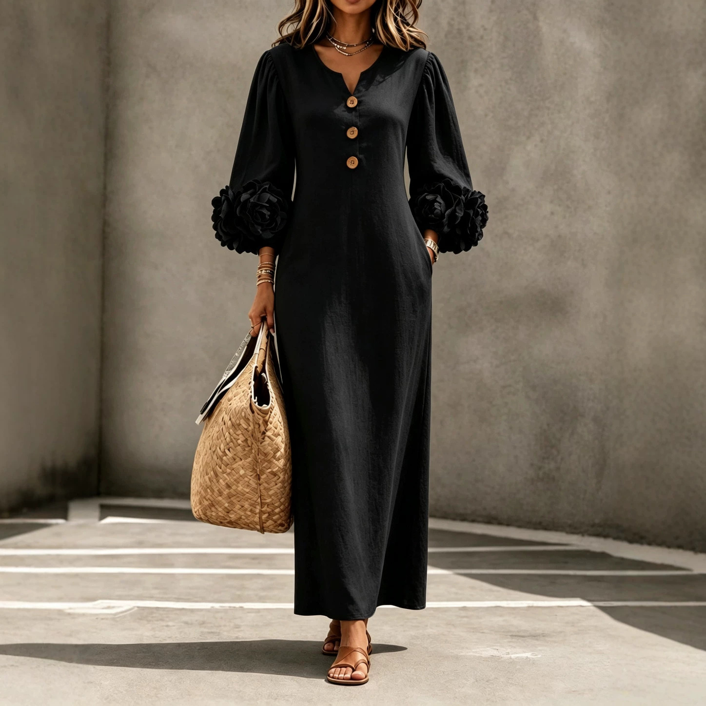 V-Neck 3D Floral Lantern Sleeve A-Line Maxi Dress