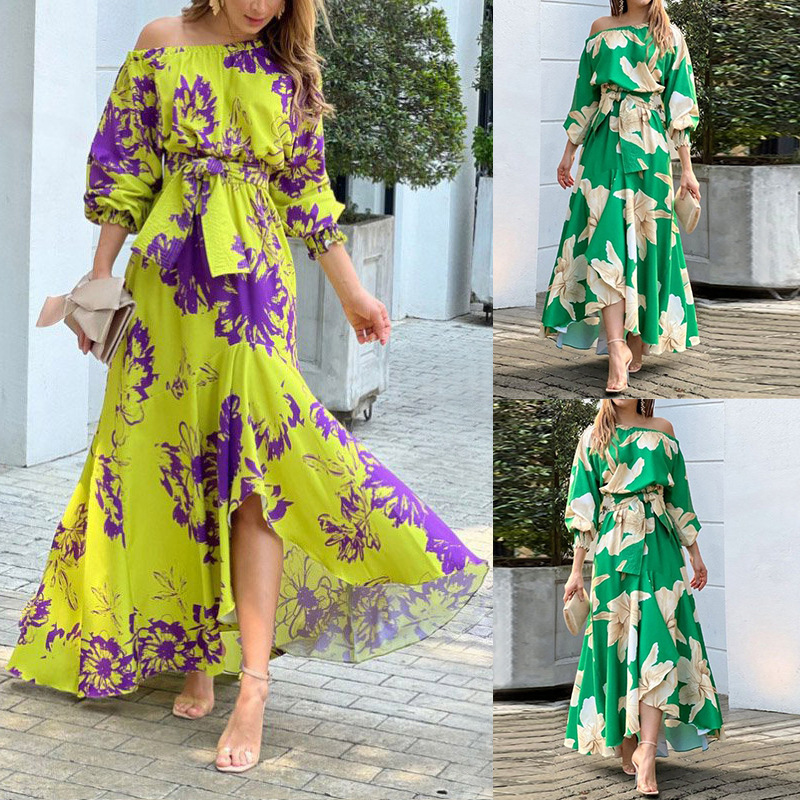 Women's Printed One-Shoulder Waist-Cinched Dress