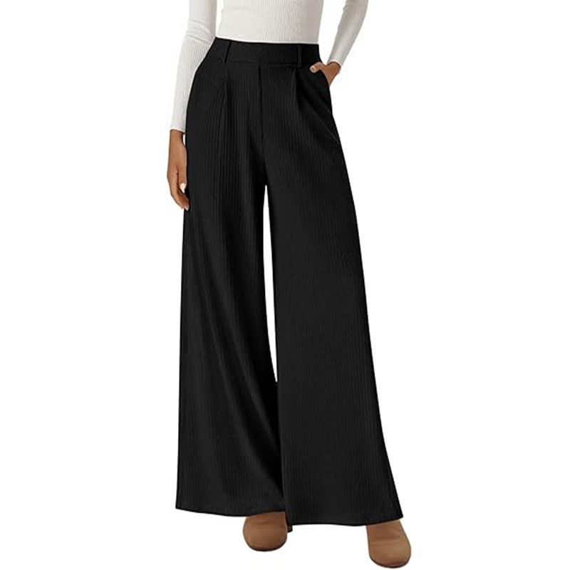 Ribbed Wide-Leg Loose Straight Pants with Elastic Waist