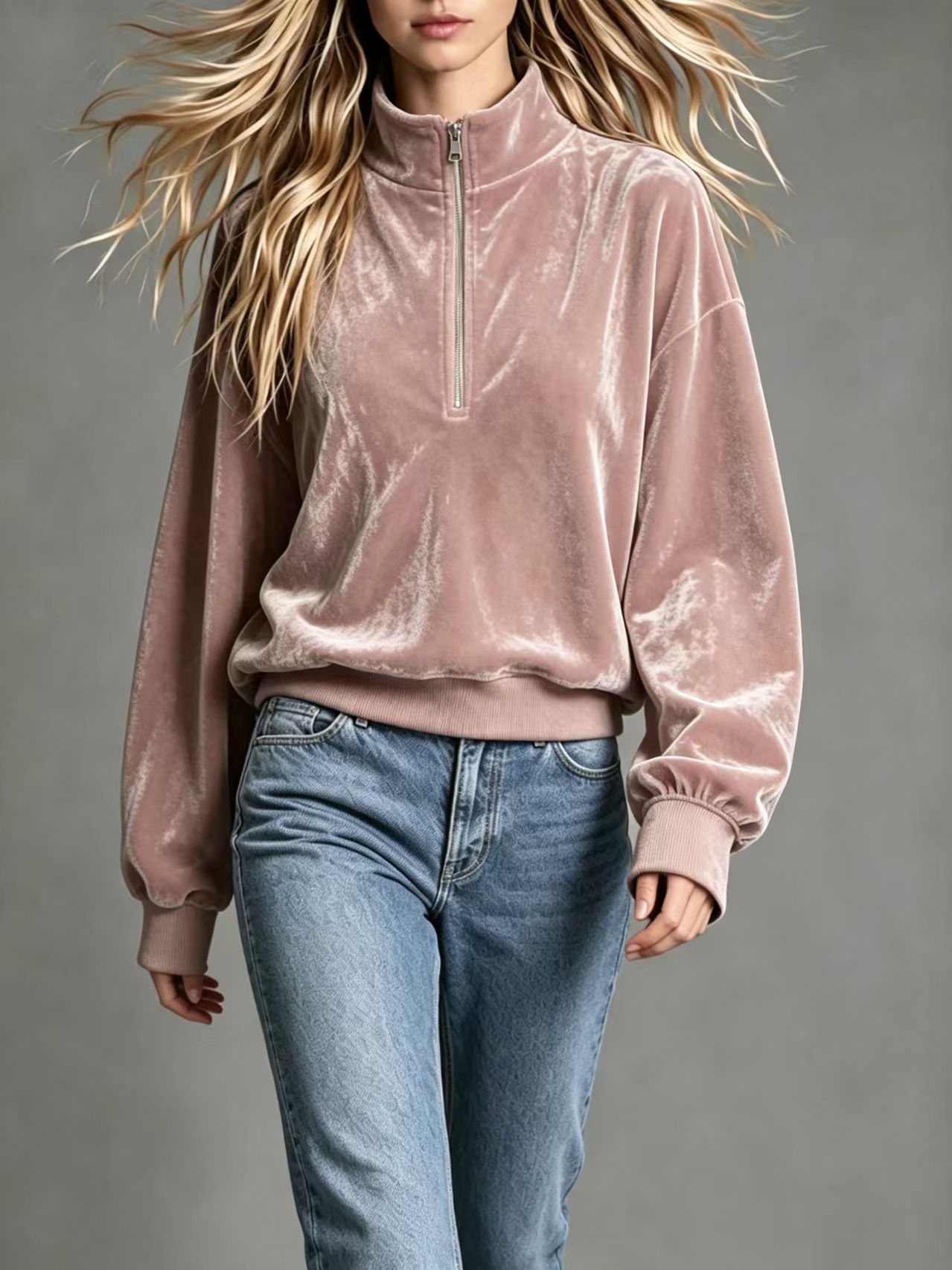 Women's Velvet Zip-Up Stand Collar Loose Long Sleeve Solid Color Casual Sweatshirt