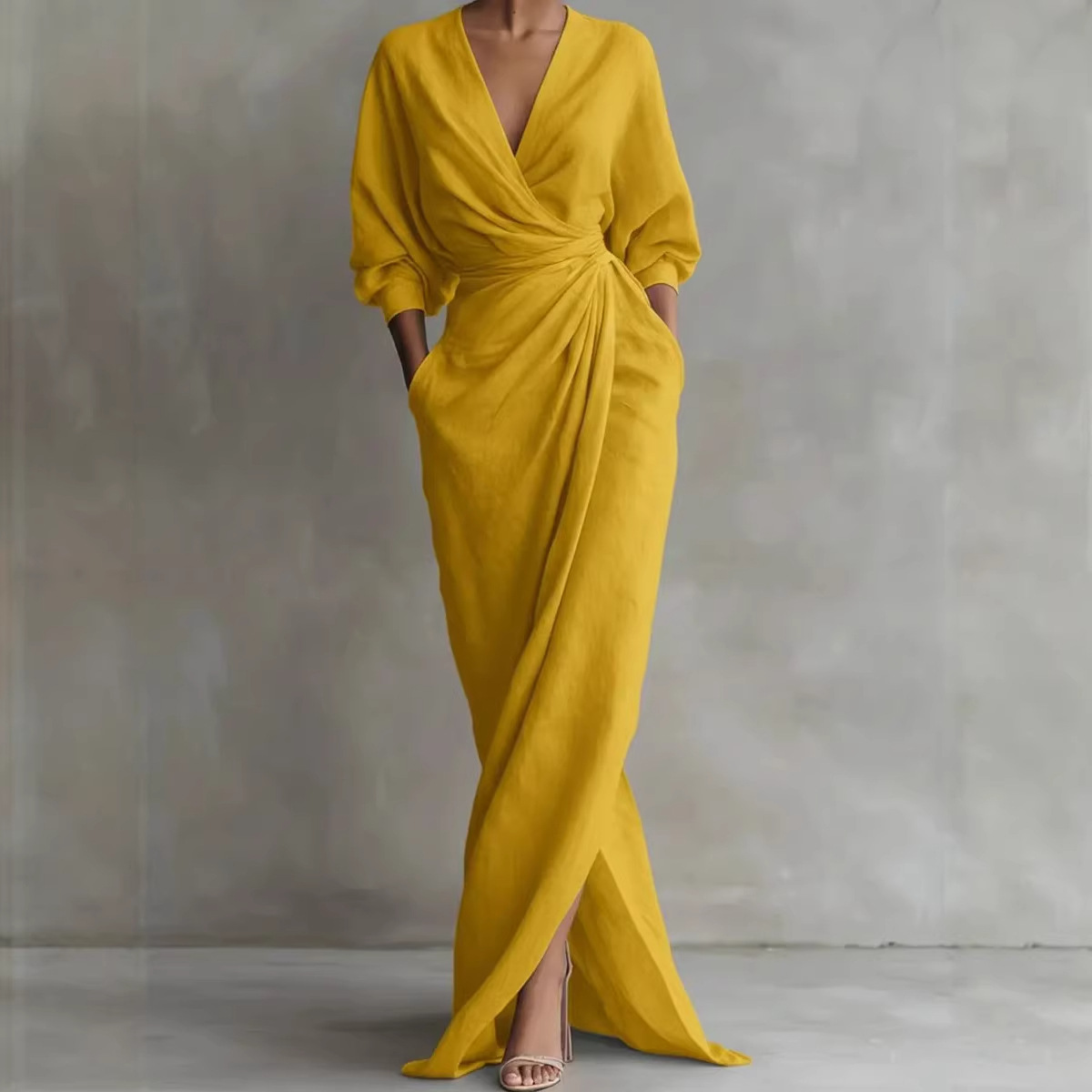 Elegant Solid V-Neck Long Sleeve Slit Waist Pocket Long Dress