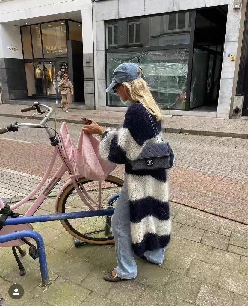 Color-Block Striped Knit Long Cardigan Sweater Coat