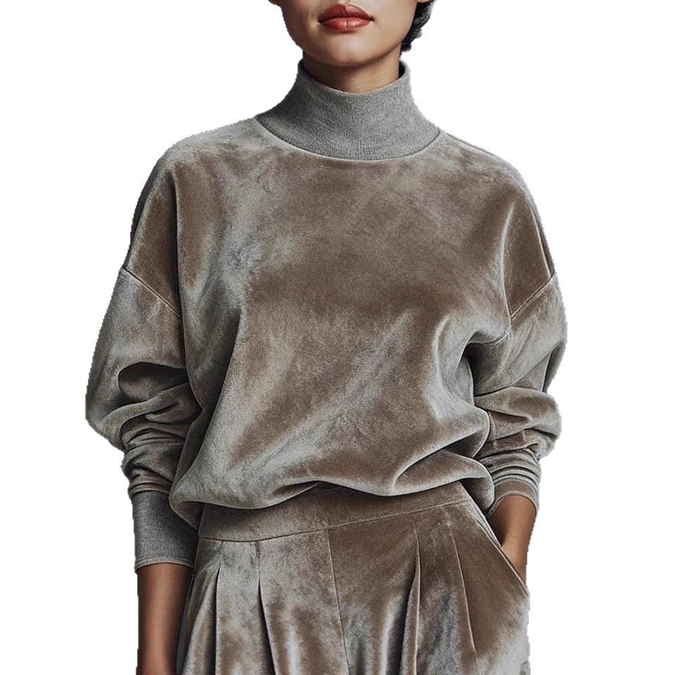 Women's Velvet Tracksuit High Neck Zip Top Wide Leg Pants Set