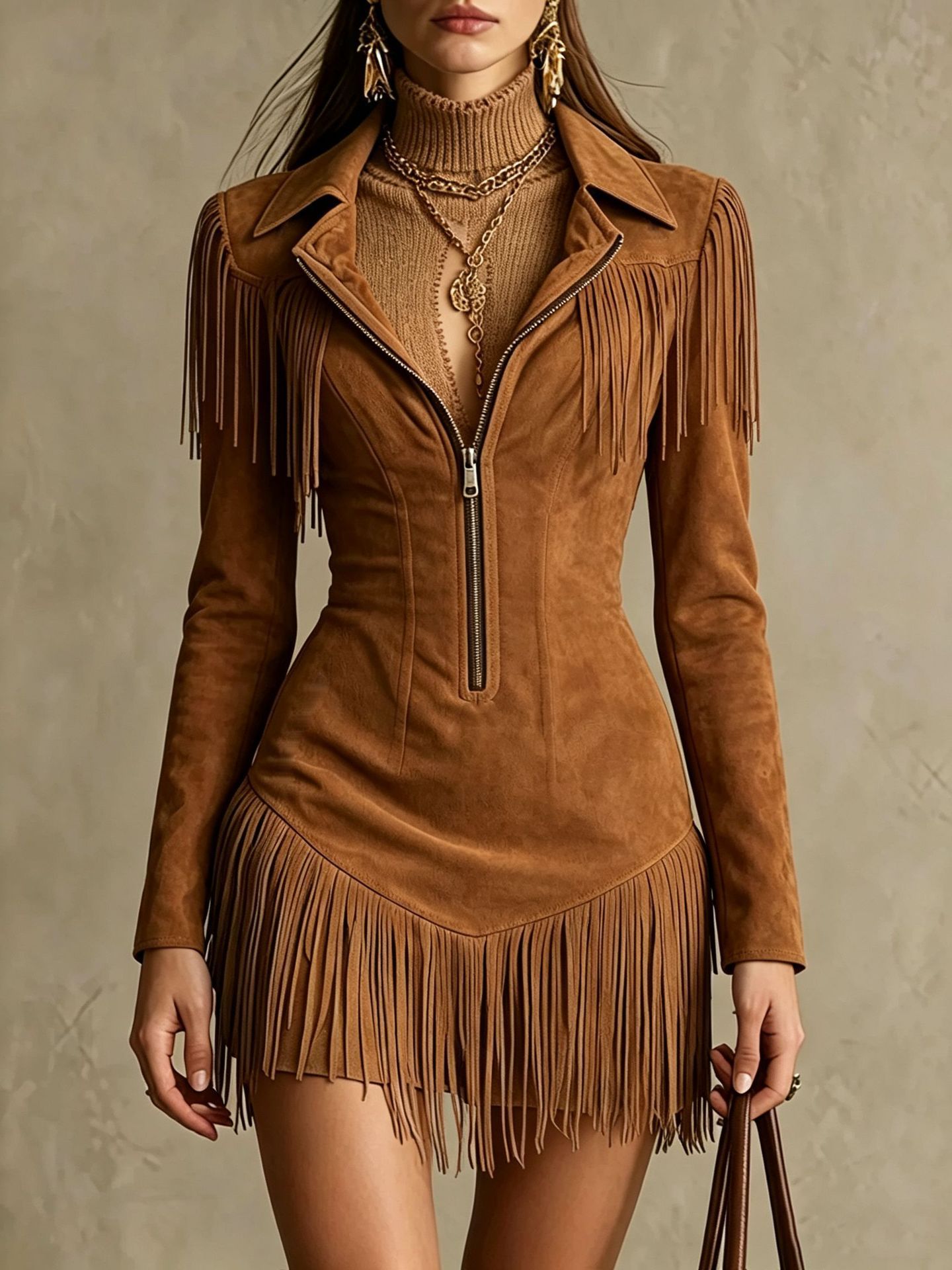 Fringe Long Sleeve Deep V Faux Suede Bodycon Mini Dress