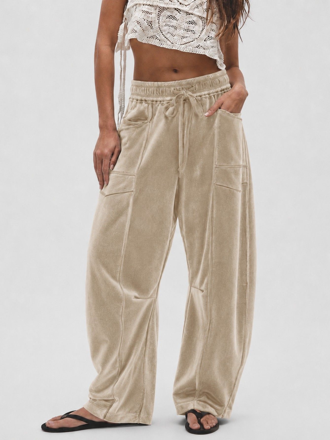 Women's Wide-Leg Velvet Pants with Drawstring Casual Loose Fit
