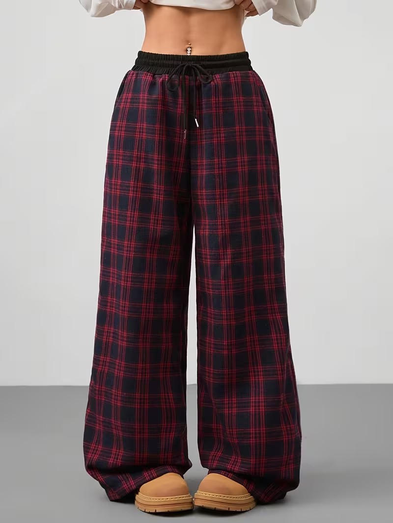 Retro Plaid Drawstring Wide-Leg Pants