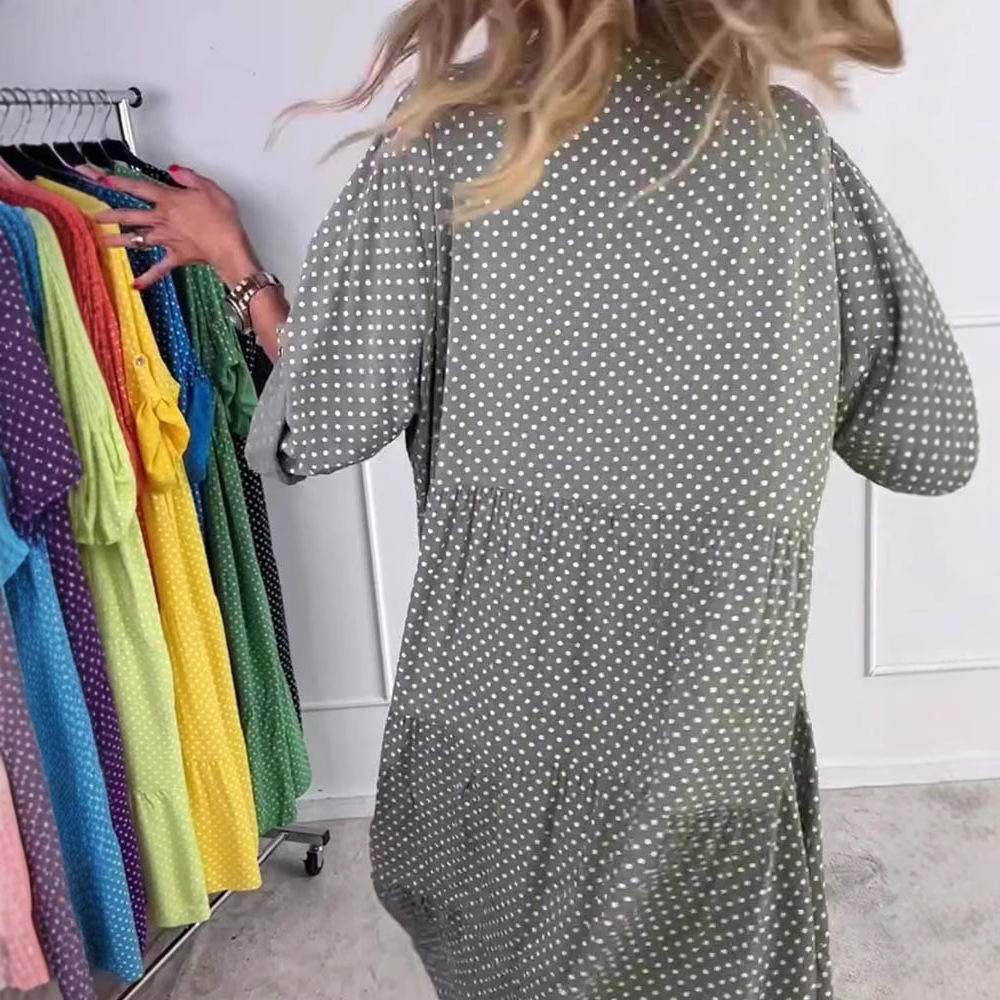 Polka Dot Button Down Loose Dress with Stand Collar