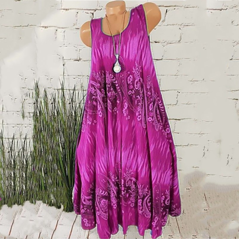 Women's Digital Print A-Line Midi Dress Sleeveless High Waist