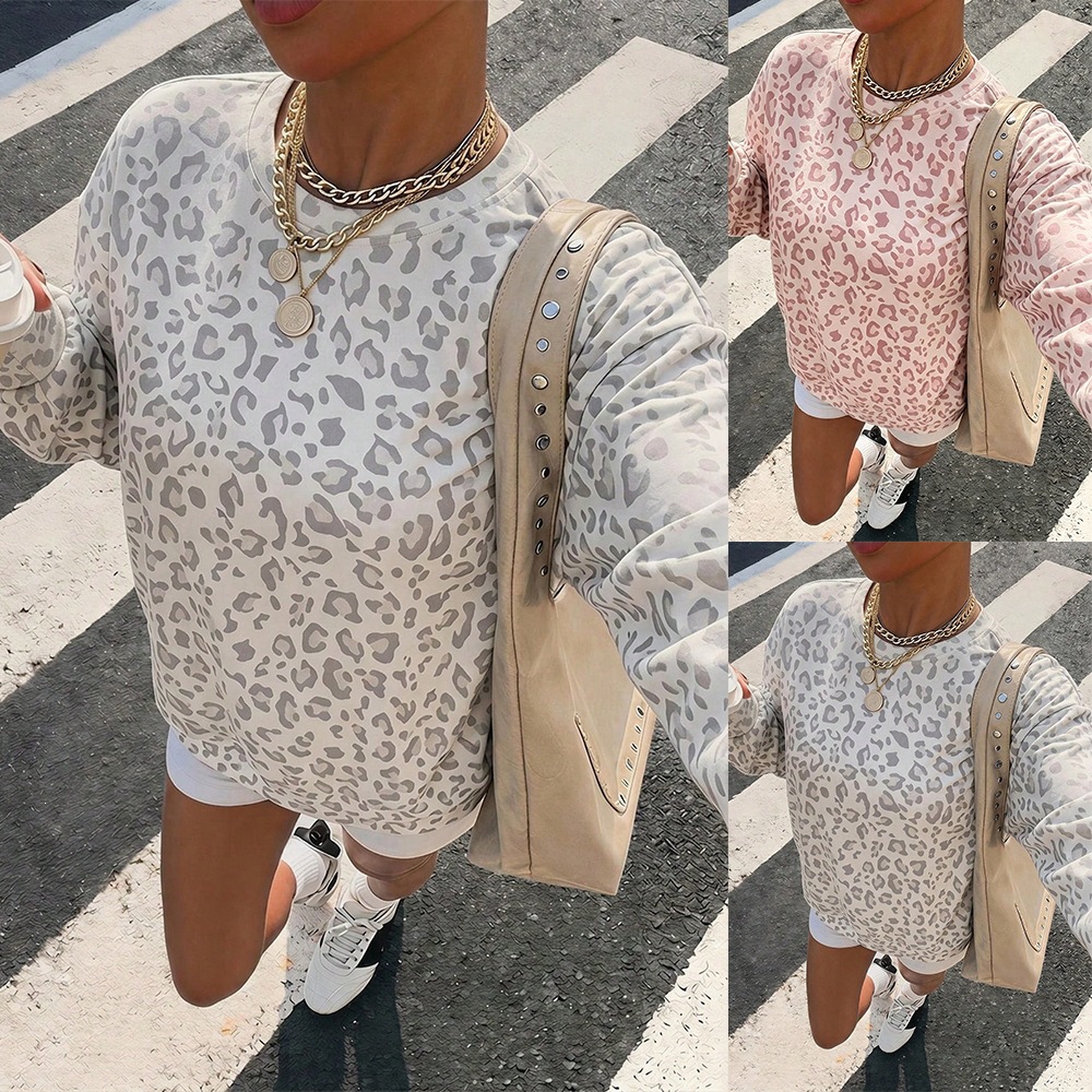 Leopard Print Crewneck Loose Fit Sweatshirt for Women