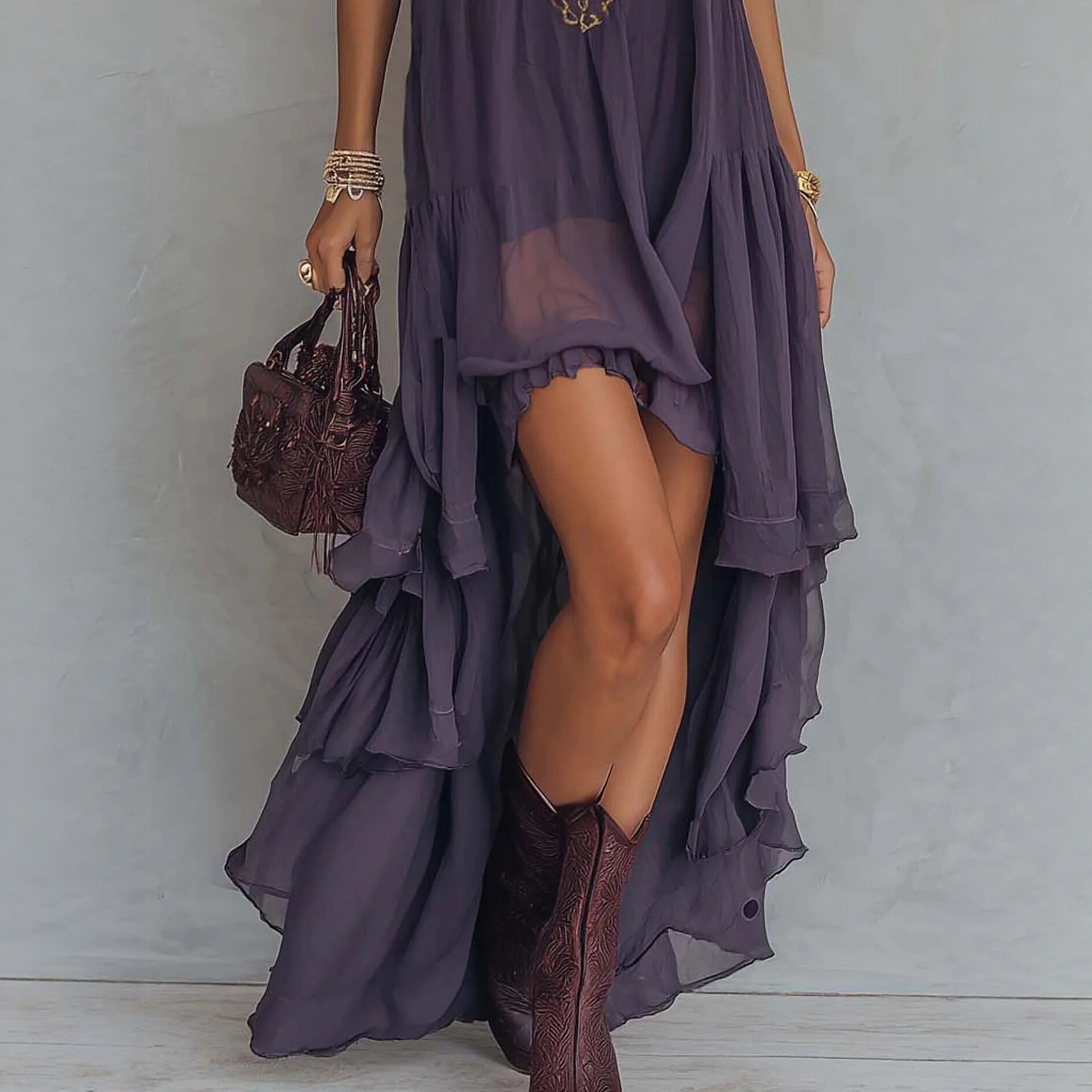 Purple Embroidered Halter Neck Sleeveless Ruffled Long Dress