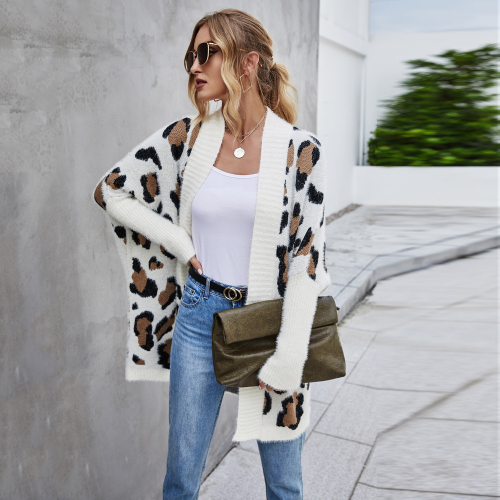 Women's Leopard Print Knit Cardigan Loose Fit Long Sleeve