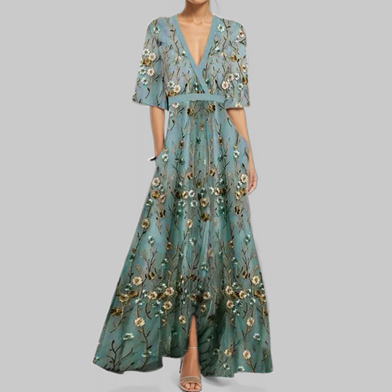 Elegant V-Neck Floral Print Slim-Fit Long Dress