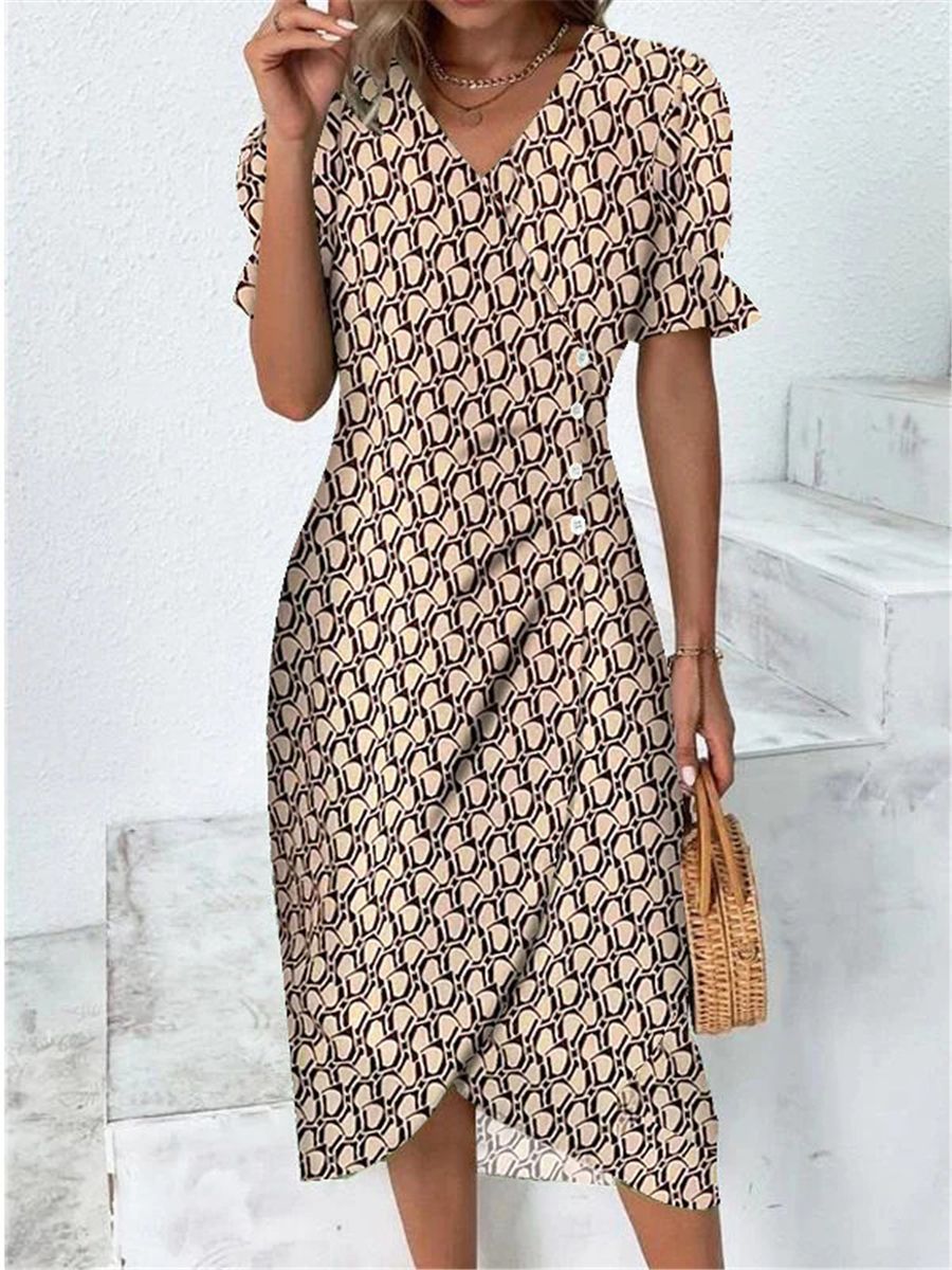 Geometric Patchwork Puff Sleeve Asymmetrical Hem Dress