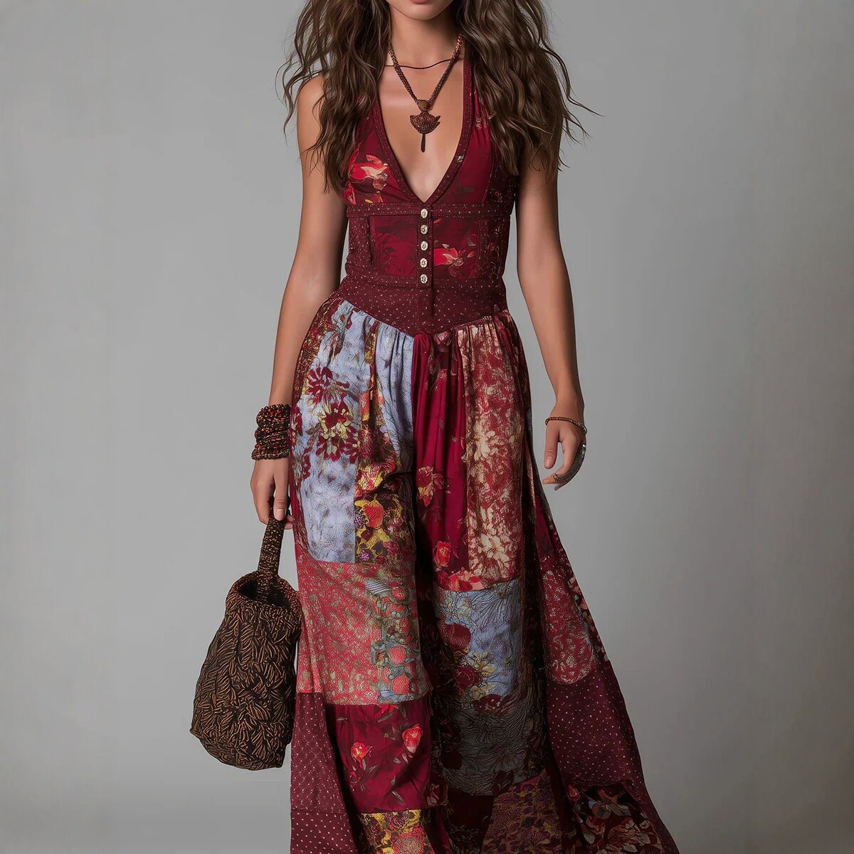 V-Neck Waist-Cinching Ruffle Floral Midi Dress
