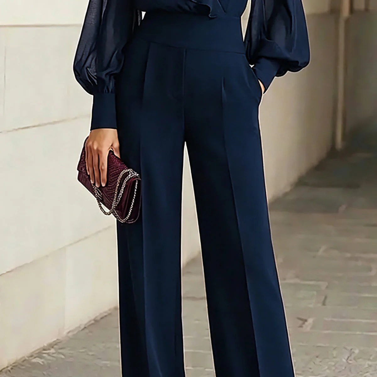 Navy Ruffle V-Neck Puff-Sleeve Chiffon Top & High-Waist Wide-Leg Pants Set