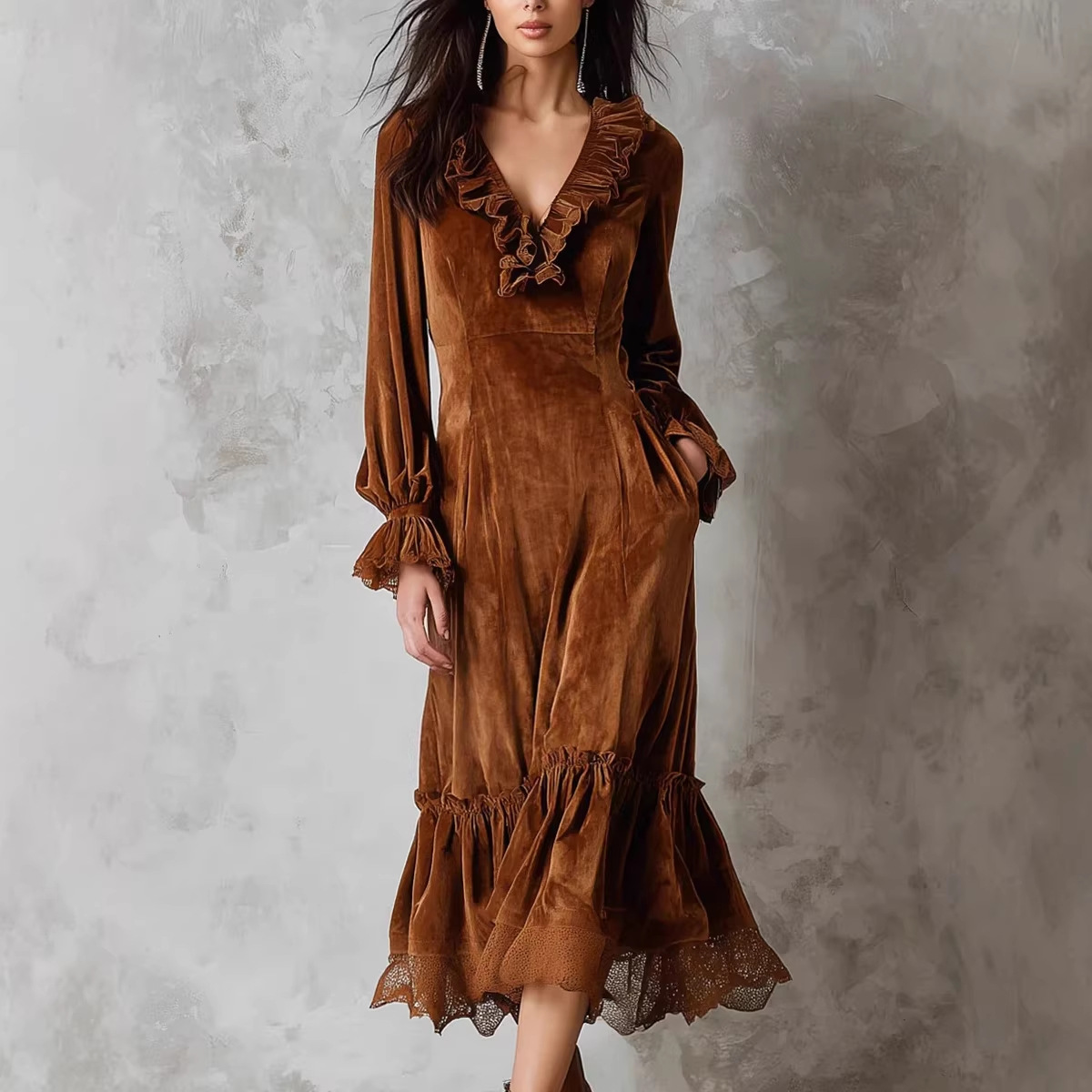 Women's Long French Lace Panel Lantern Sleeve Ruffle V-Neck Velvet Dress