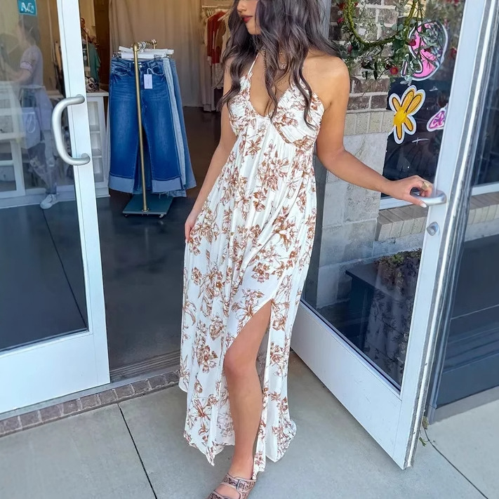 Women's Spaghetti Strap Open Back Digital Print Slit Long Dress