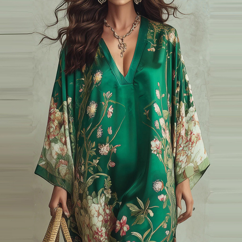 Bohemian Deep V-Neck Floral Print Long Dress