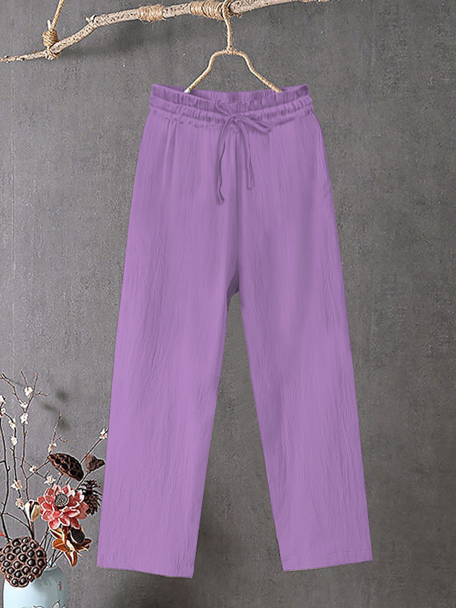 Women's Cotton Linen Wide Leg Pants Elastic Waist Solid Color Loose Fit