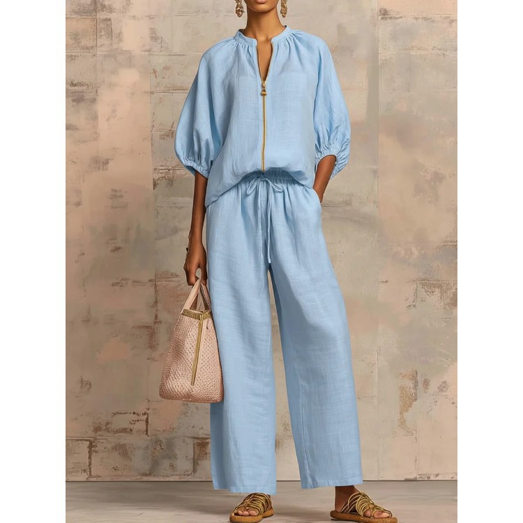 Women's Casual Solid Color Zip Round Neck Wide-Leg Pants Set