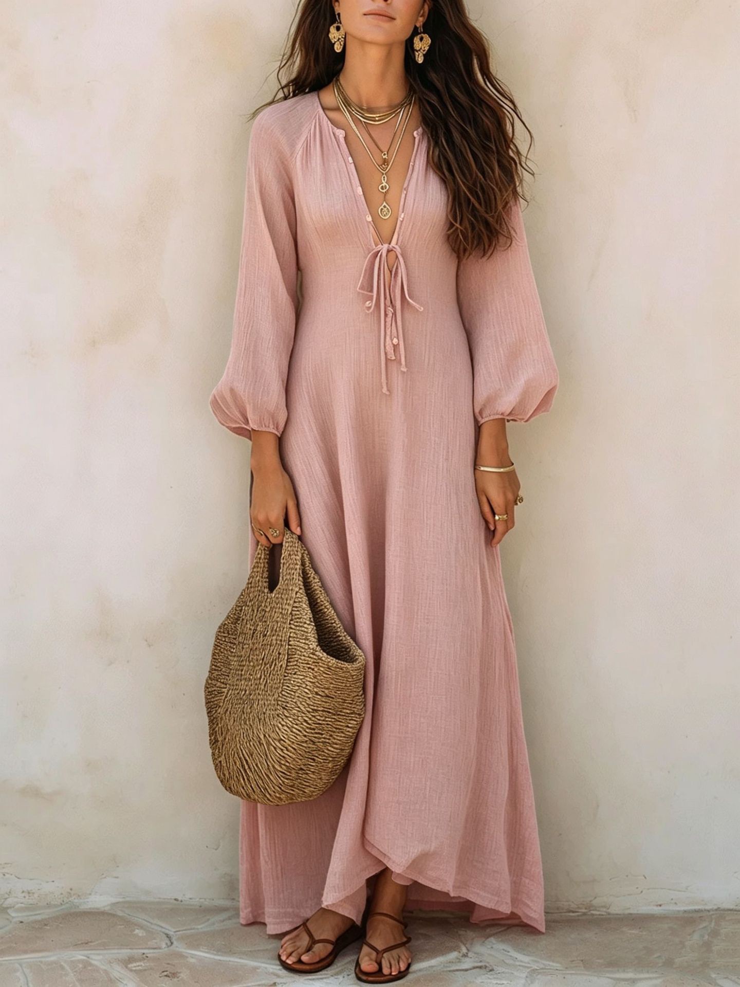 Deep V-Neck Tie-Front Textured Bubble Sleeve Boho Maxi Dress