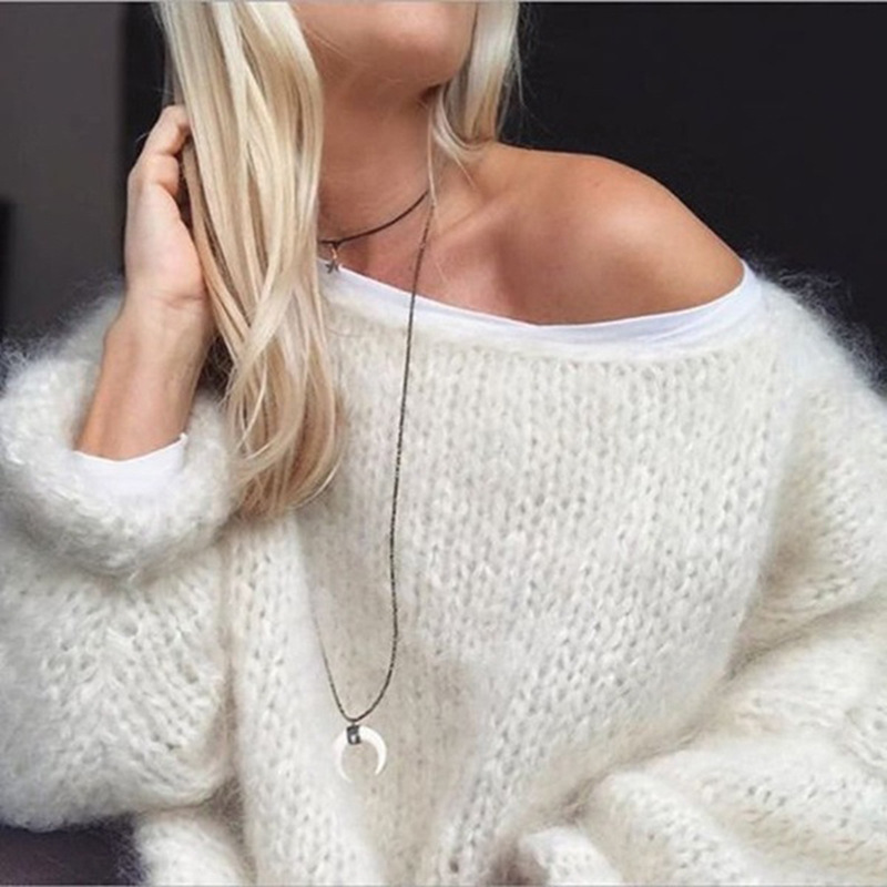 Faux Mohair Pullover Sweater Women's Crewneck Long Sleeve Solid Color Knit Top