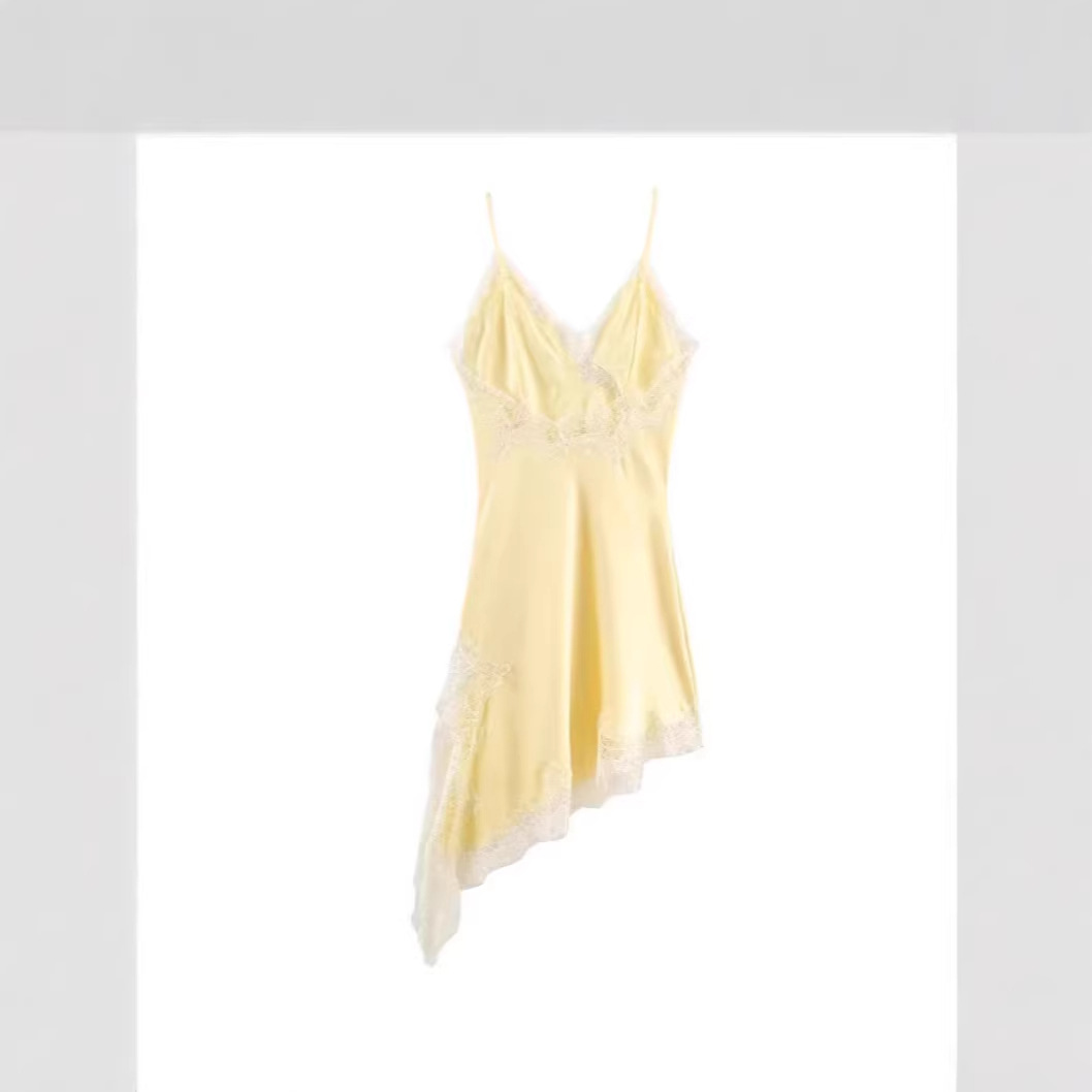 Women's Lace Asymmetric Dress with Deep V-Neck Sleeveless Slim Fit