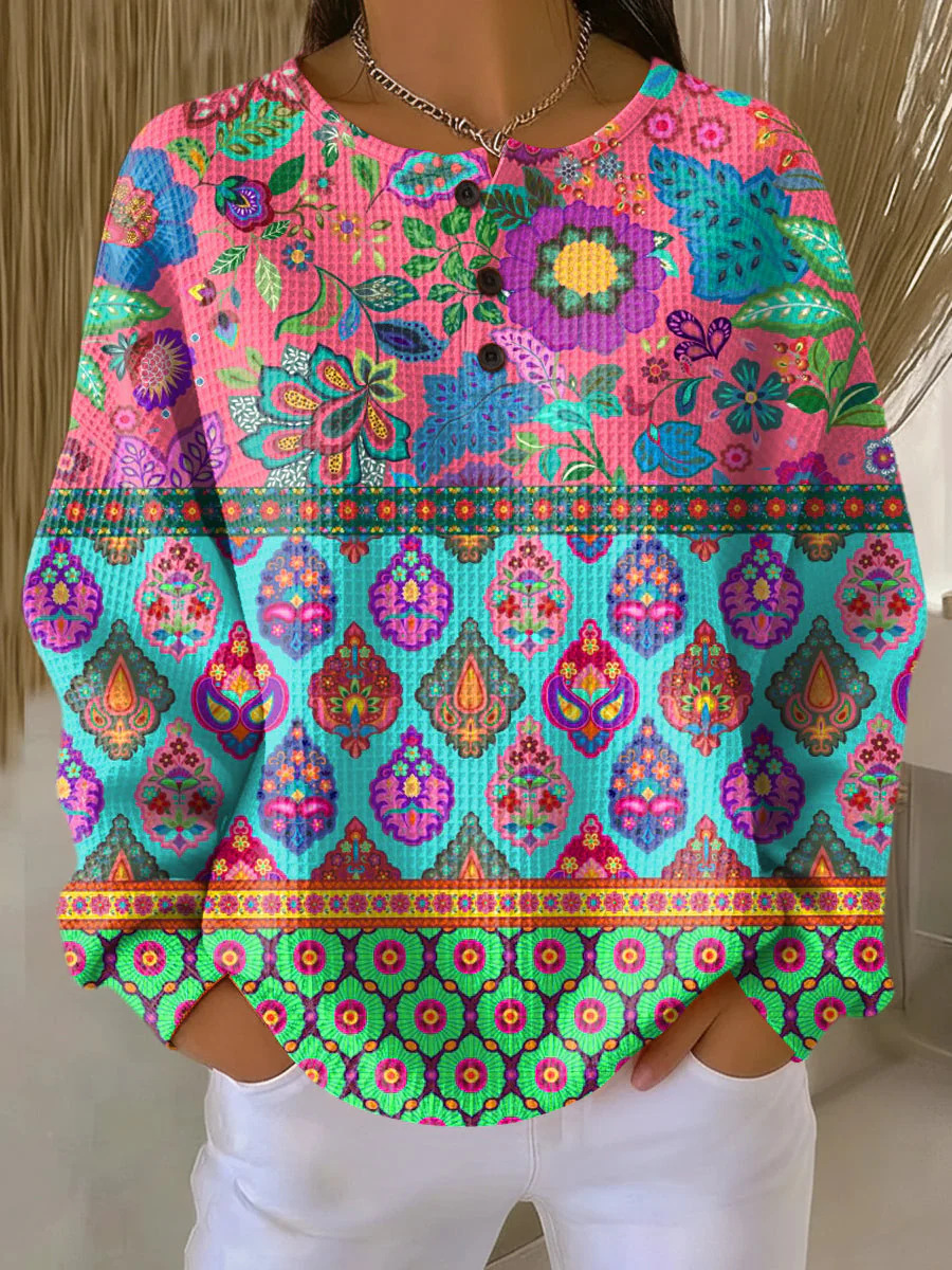 Women's Plaid Tree Floral Polka Dot Print Button Sweatshirt