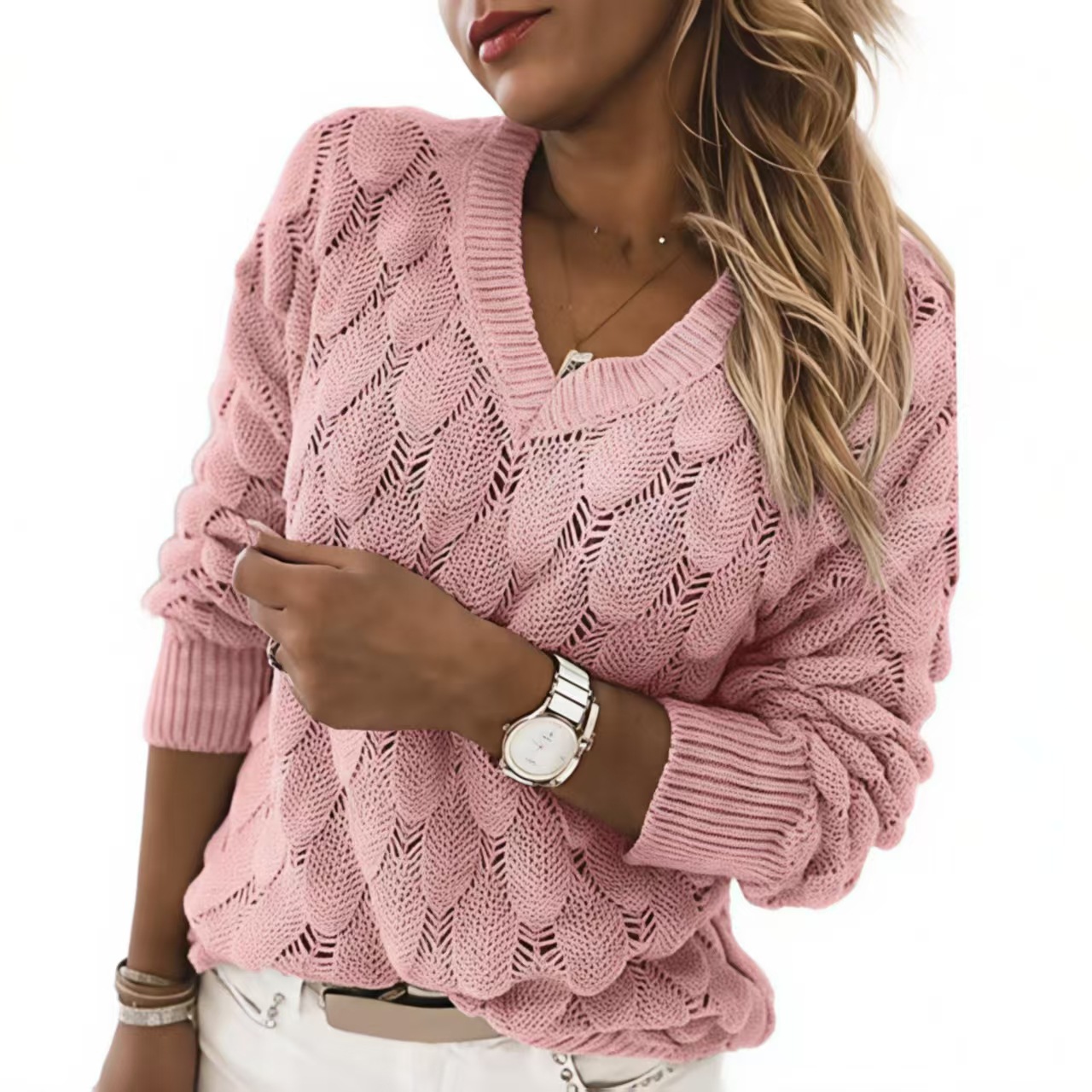 Women's V-Neck Hollow-Out Knit Sweater with Feather Detail Long Sleeve