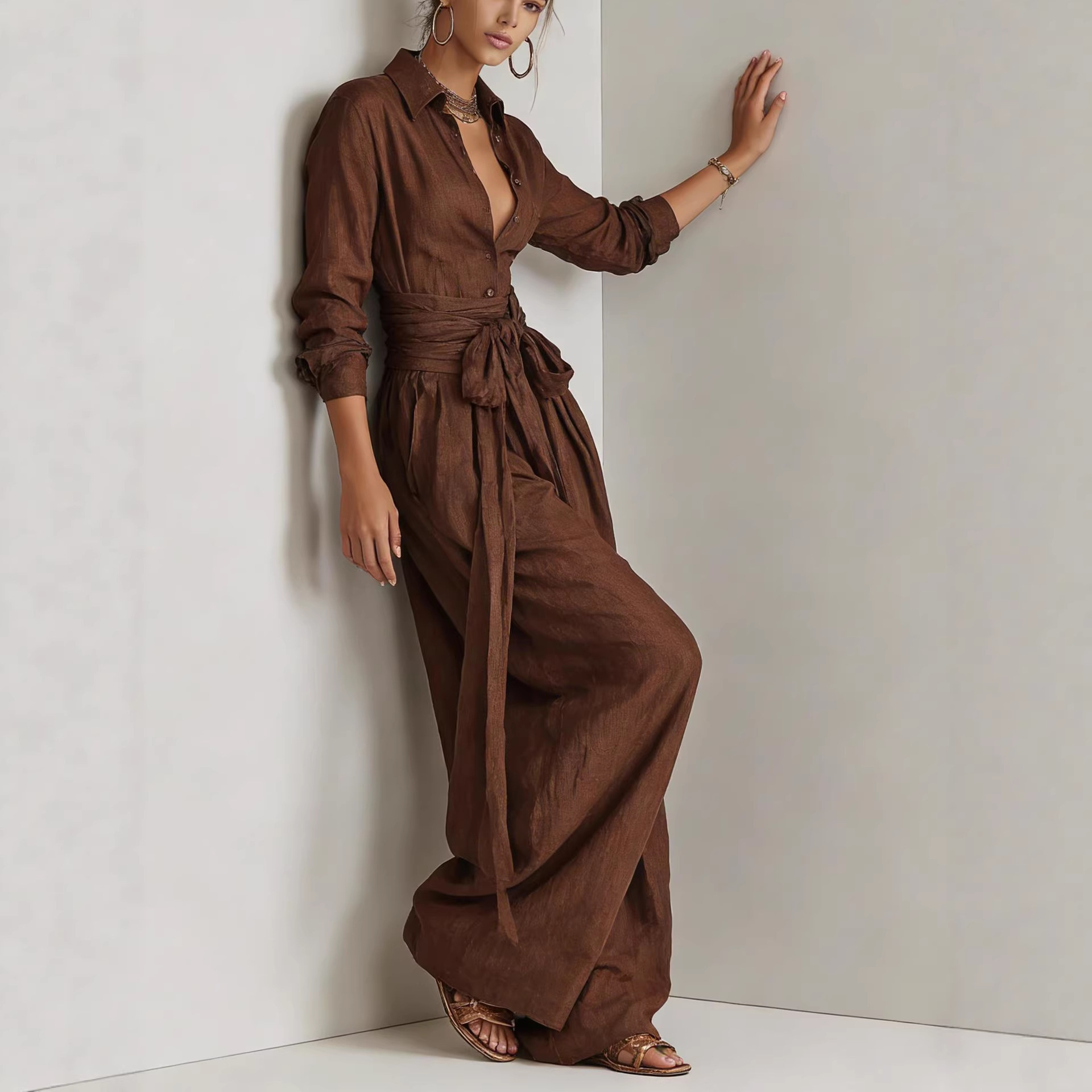 Solid High-Waist Short-Sleeve Shirt & Pants Casual Set