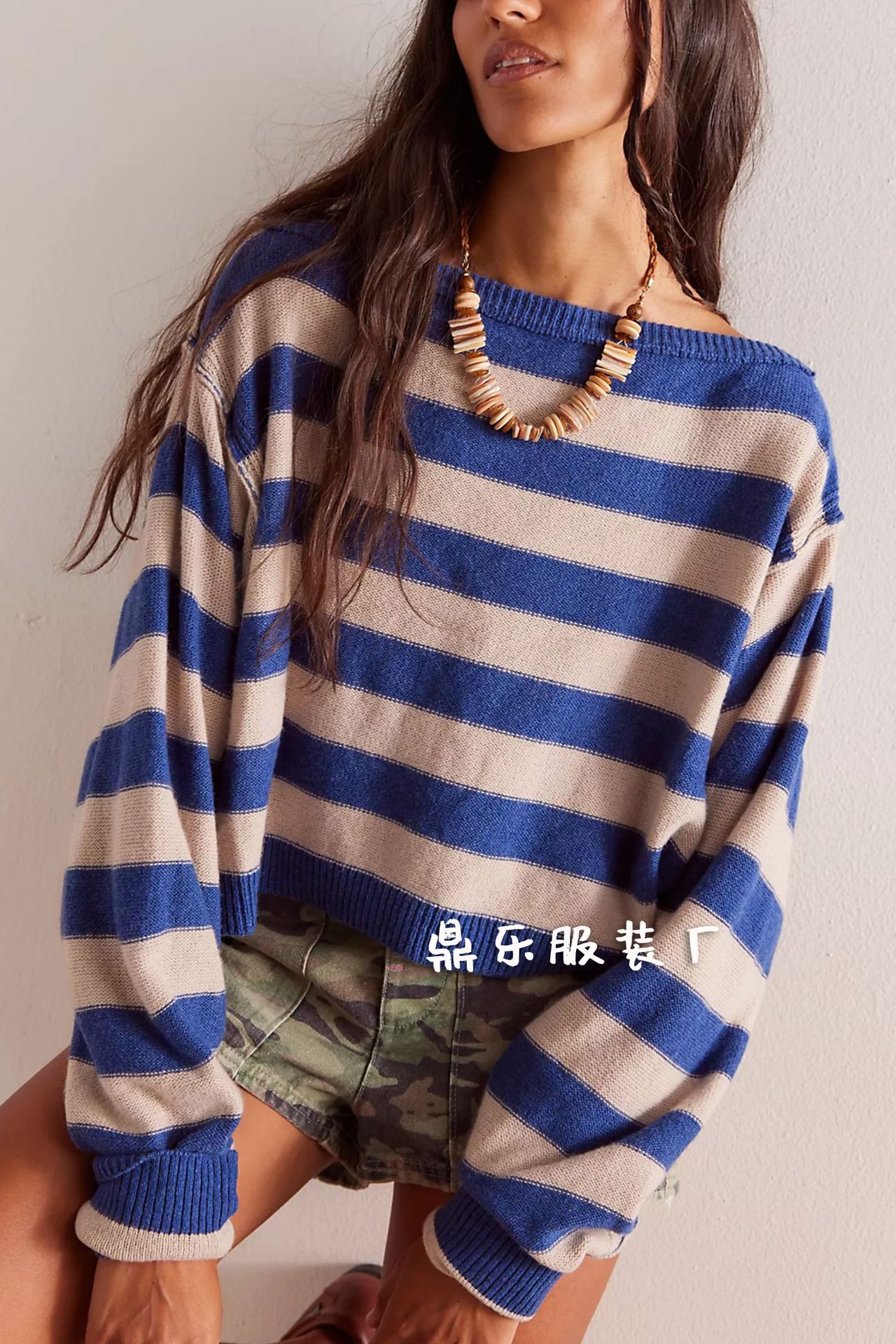Striped Cropped Knit Sweater Off-Shoulder Bell Sleeve Loose Fit
