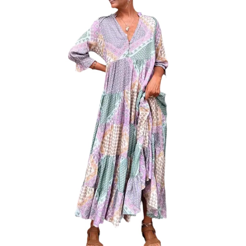 V-Neck Colorblock Casual Loose Long Dress