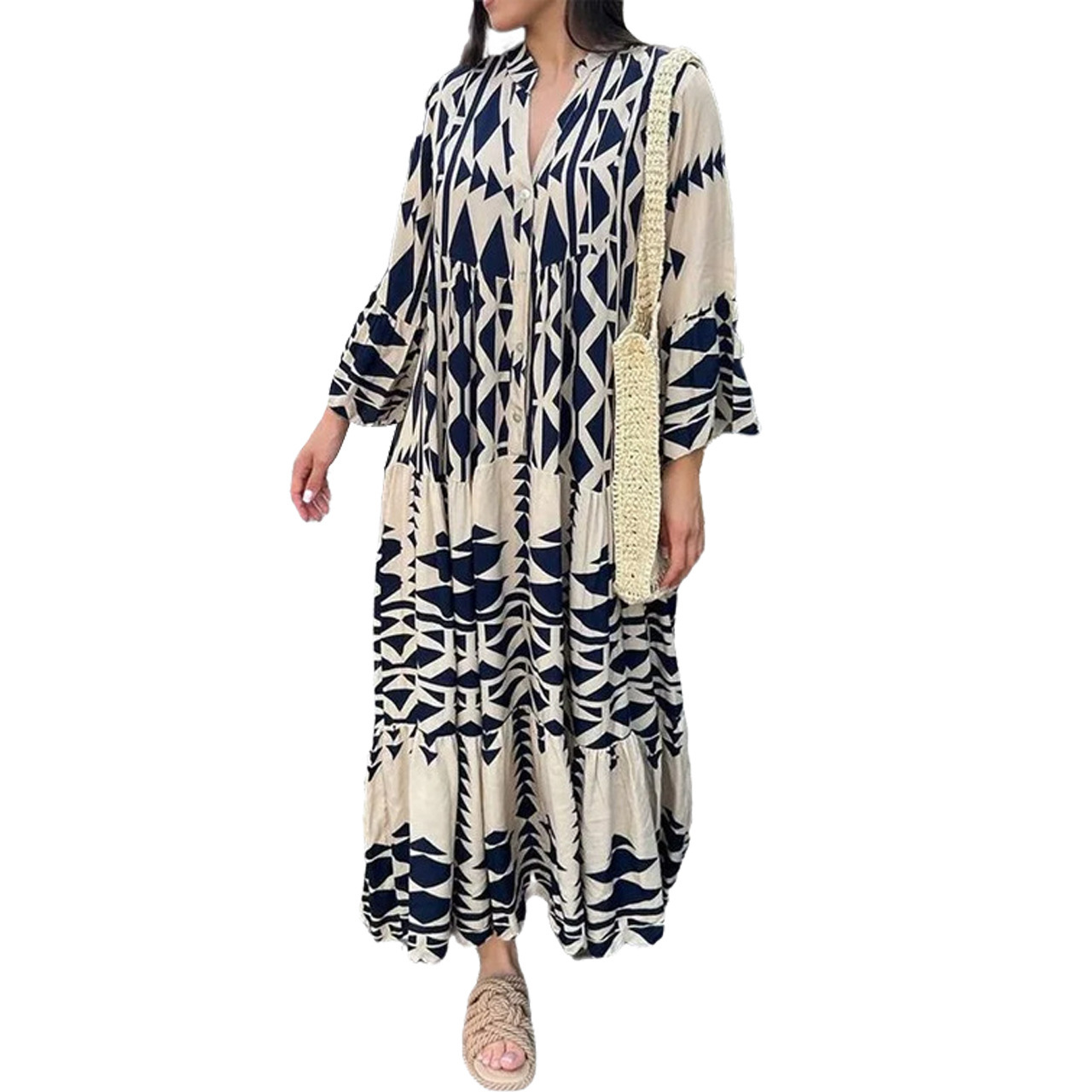 Plus Size Bohemian Print Shirt Dress V-Neck A-Line Long Sleeve