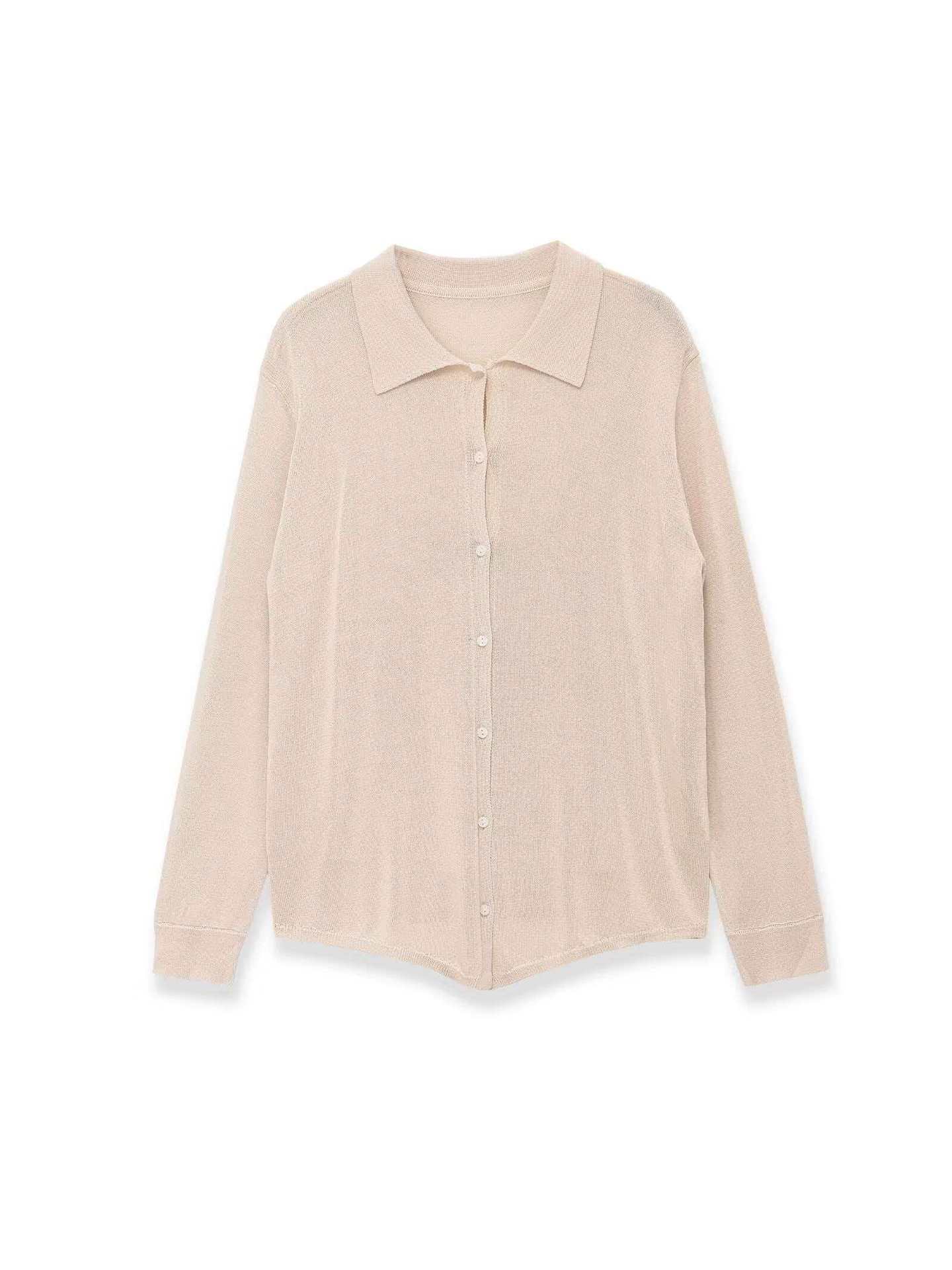 Women's Beige Long Sleeve Knit Cardigan Polo Collar Simple Commuter Style