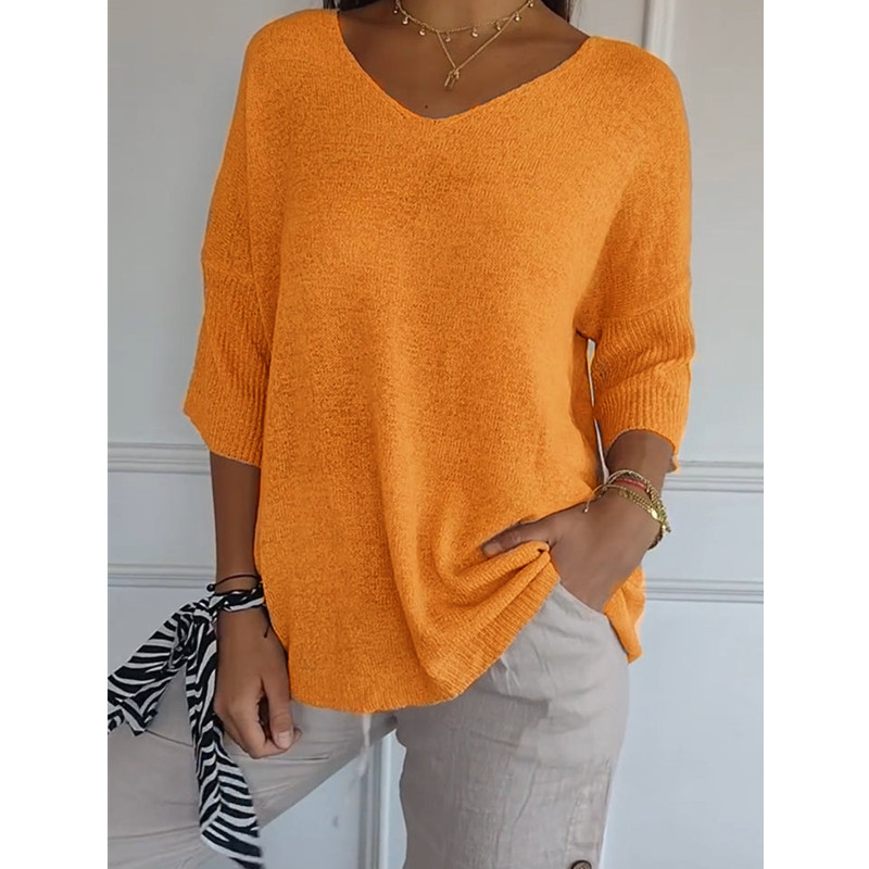 Women's V-Neck 3/4 Sleeve Solid Knit Top Slimming Casual Pullover