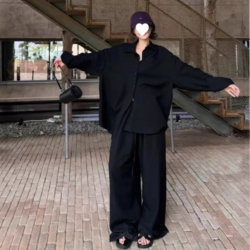 Women's Black Shirt & Wide-Leg Pants Set Casual Two-Piece