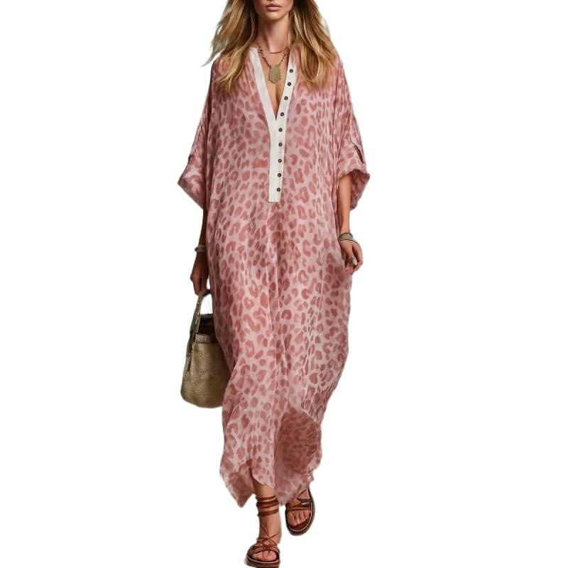 Women's Casual Loose V-Neck Long Leopard Print Dress