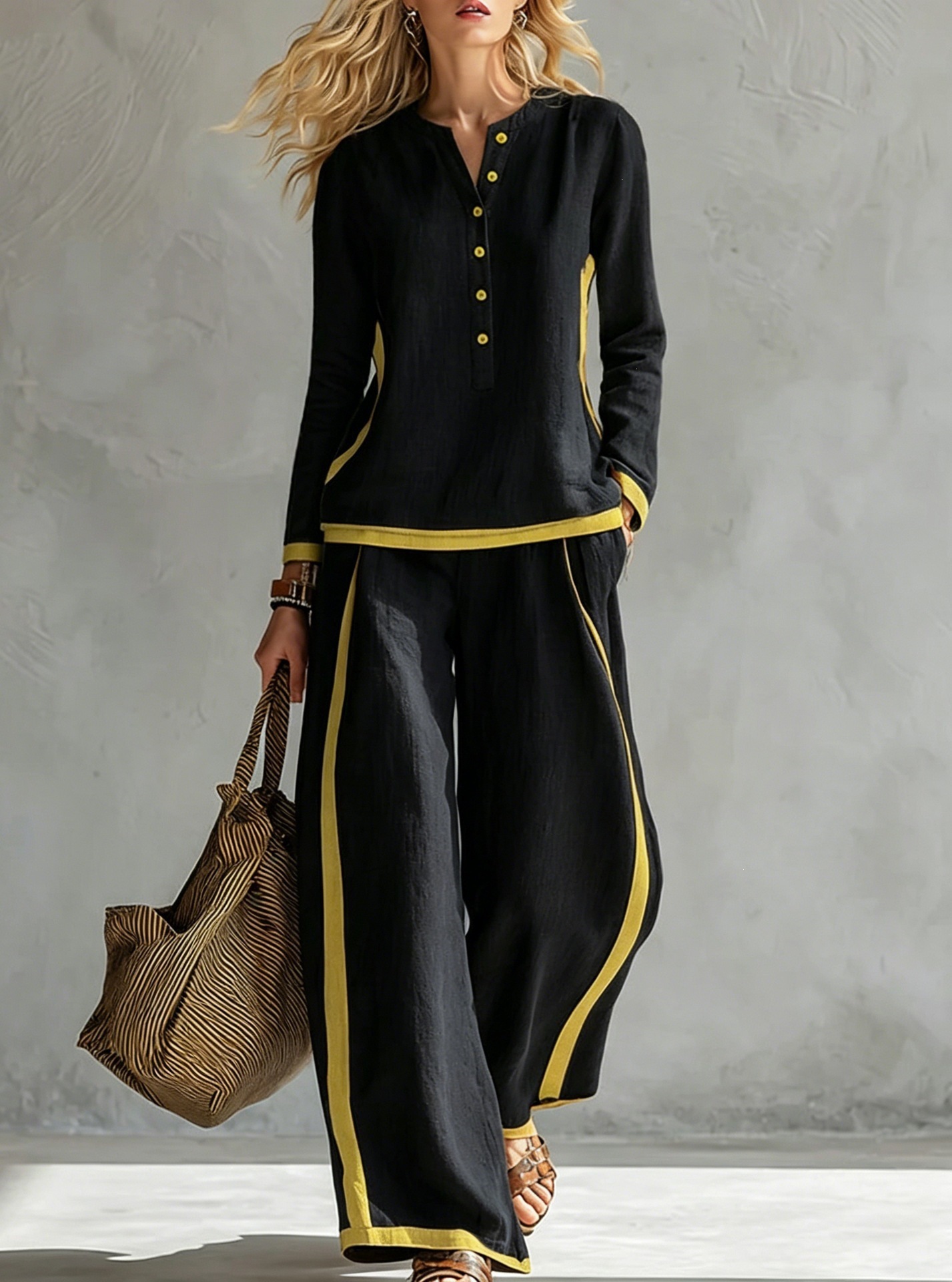 Women's Color-Block Cotton-Linen Two-Piece Set Button-Front Stand Collar Long Sleeve Top & Side-Striped