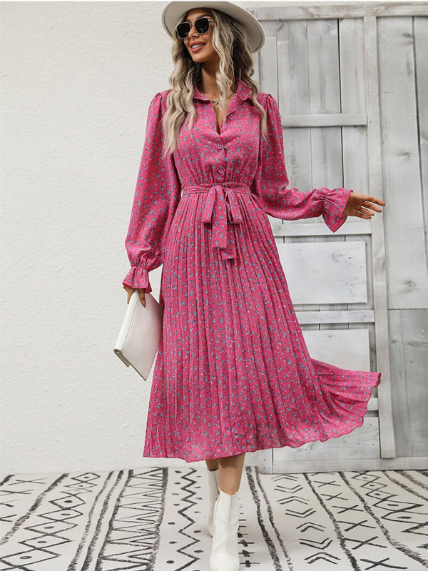 Women's Pleated Long Sleeve Tie-Waist Maxi Dress