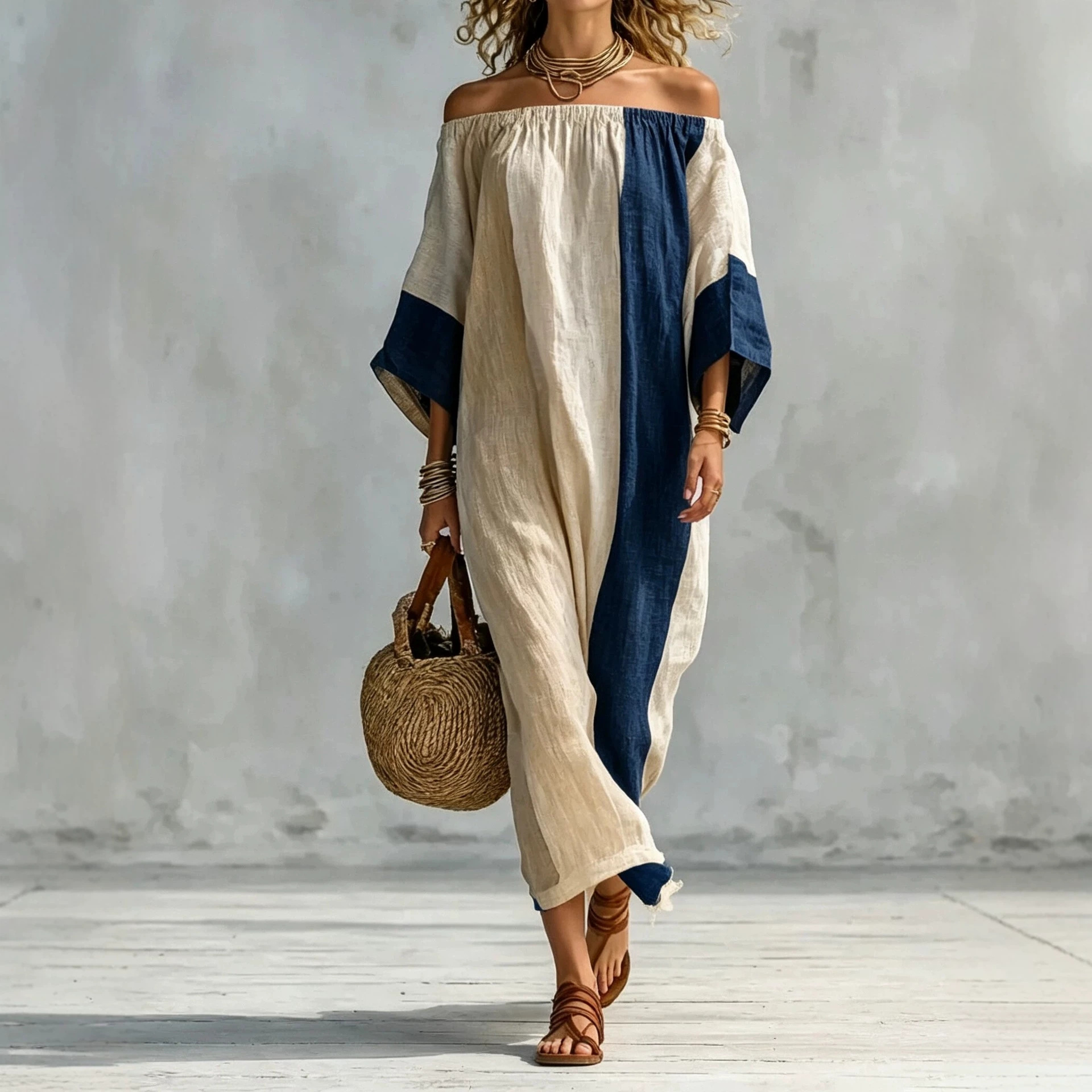 Women's Off-Shoulder Color-Block Long Dress Casual Loose Fit