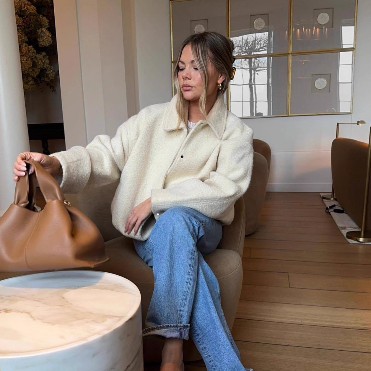 Women's Two-Tone Wool-Blend Jacket Elegant Round Neck Coat