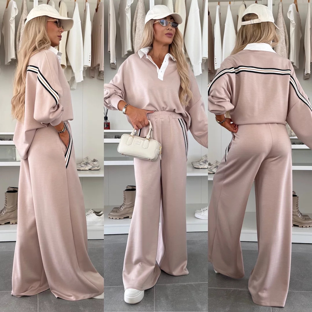 Women's Color-Block Striped Two-Piece Set with Lapel Top and Wide-Leg Pants