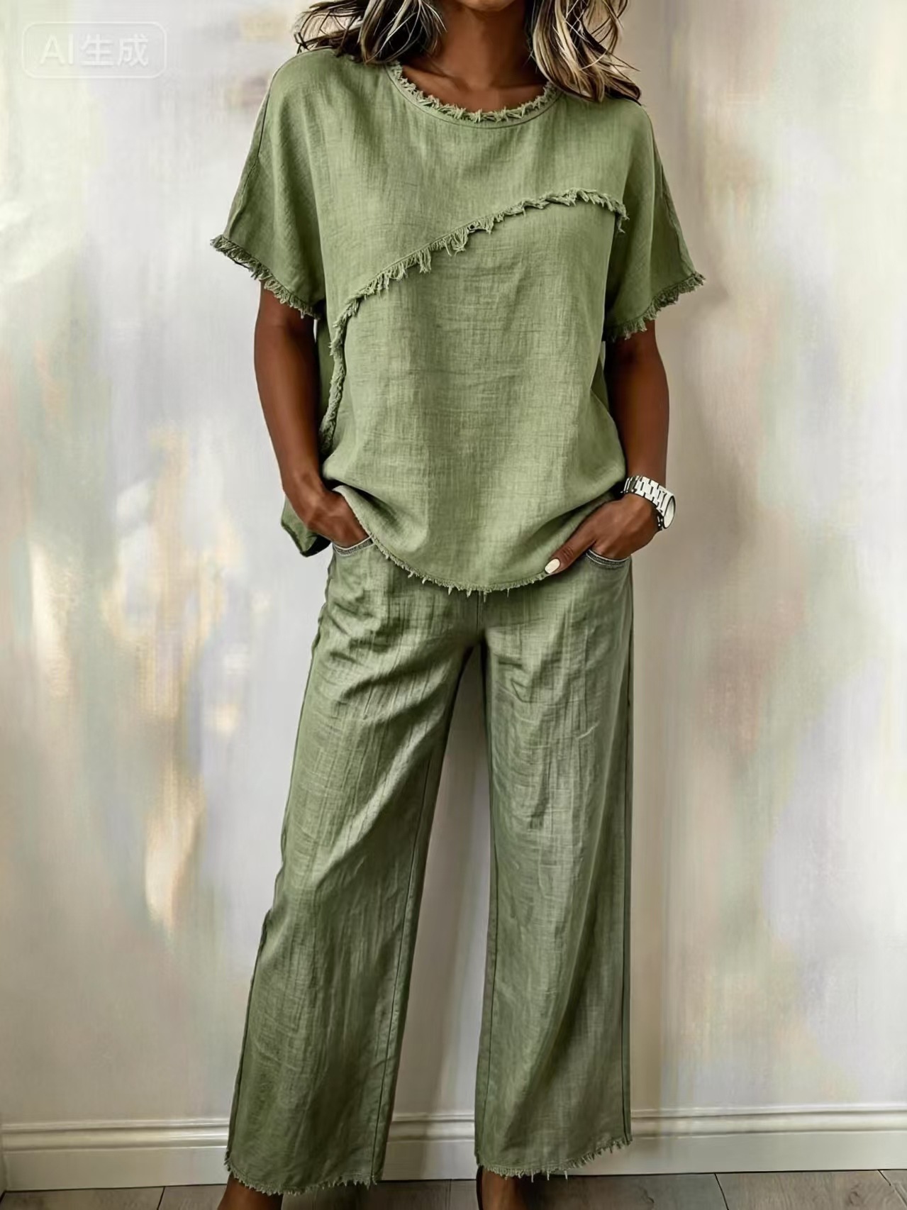 Women's Linen Two-Piece Set with Fringe Short Sleeve Top and Pants