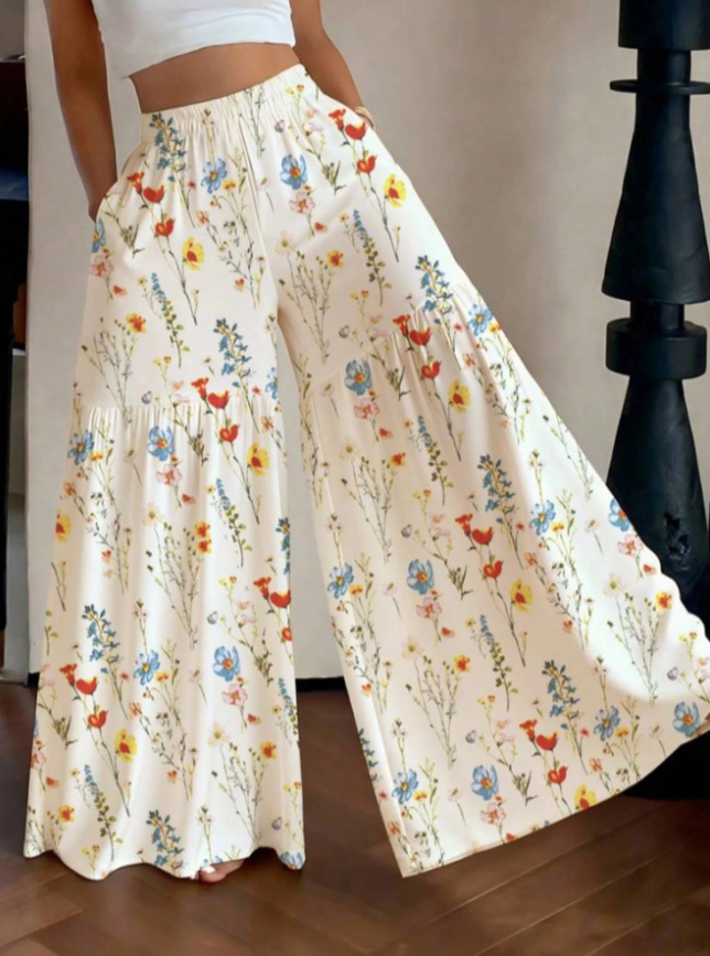 High-Waist Floral Wide-Leg Pants Casual Loose Fit