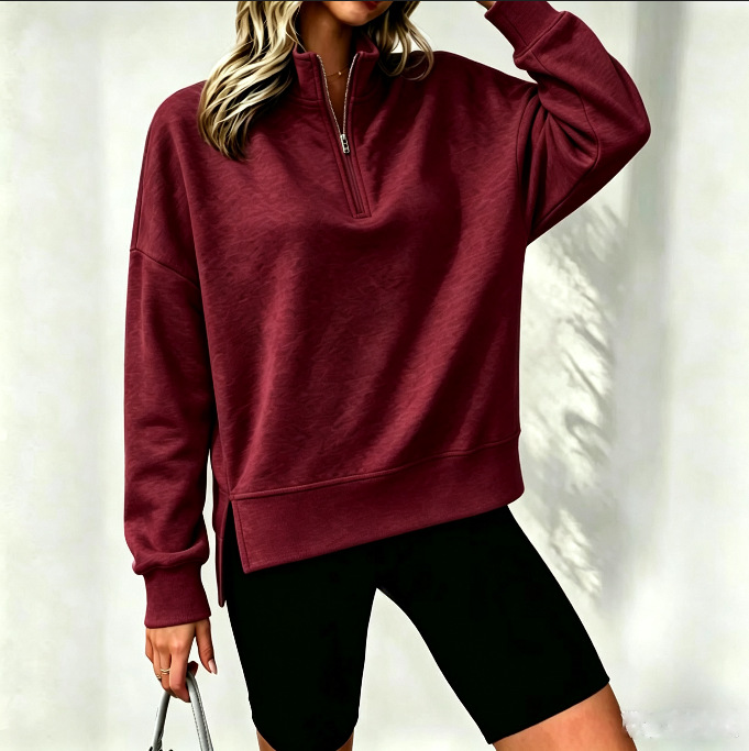 Stand Collar Half-Zip Drop Shoulder Split Hem Pullover Sweatshirt