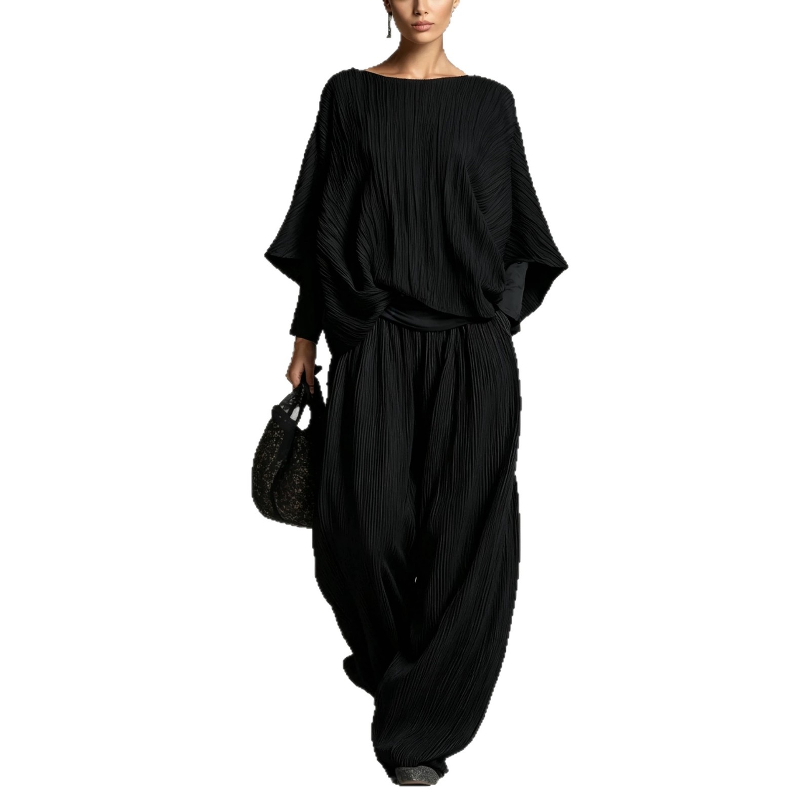 Ruched Batwing Sleeve Top & Wide-Leg Pants Two-Piece Lounge Set