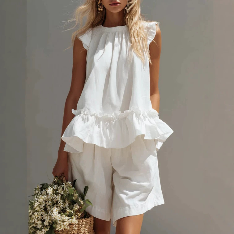 Women's White Ruffle Cami and Mid-Thigh Shorts Cotton Set