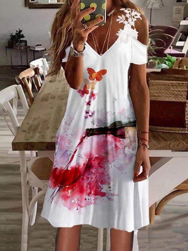 Women's Floral Print Off-Shoulder Lace Short Sleeve Dress