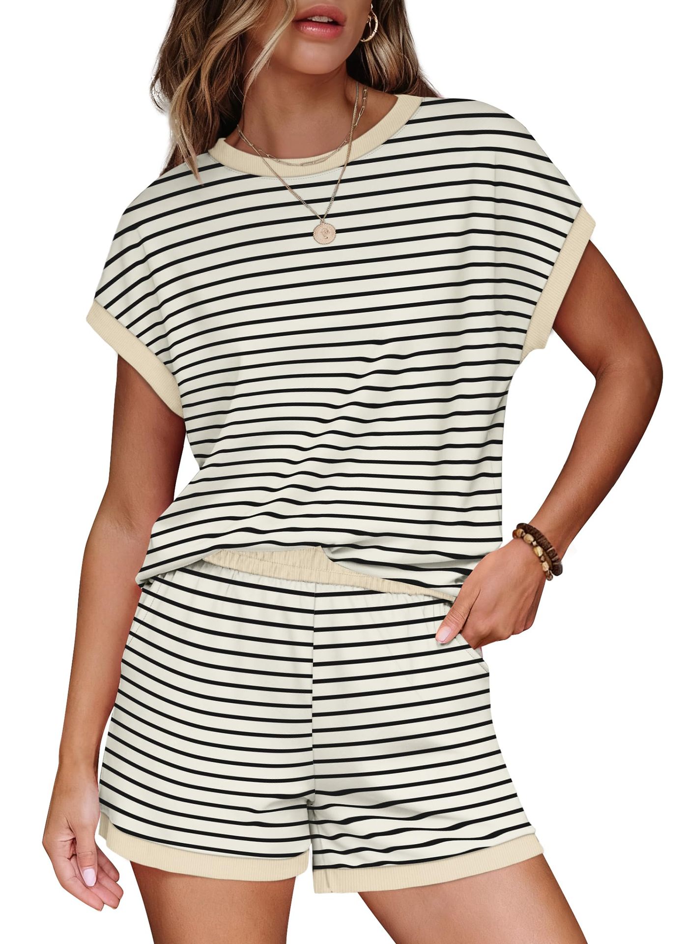 Women's Striped Two-Piece Lounge Set with Round Neck and Short Sleeves