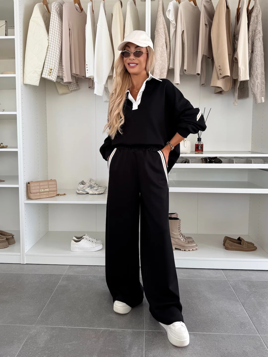 Women's Color-Block Striped Two-Piece Set with Lapel Top and Wide-Leg Pants